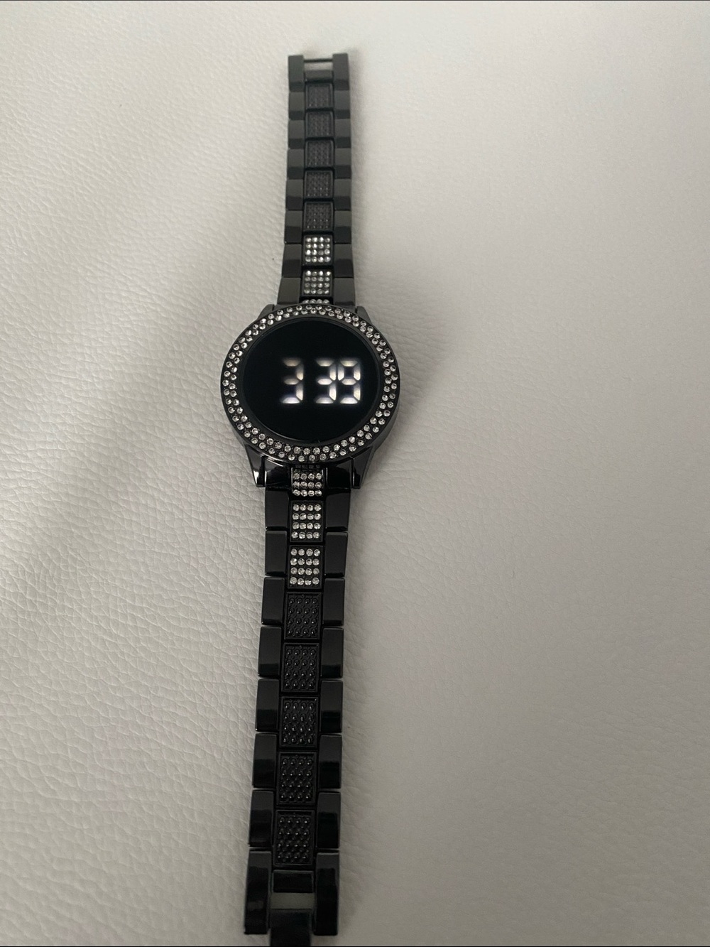 Unisex Women’s & Men Black Crystal Rhinestone Round LED Metal Strap Timer Watch - Picture 7 of 10